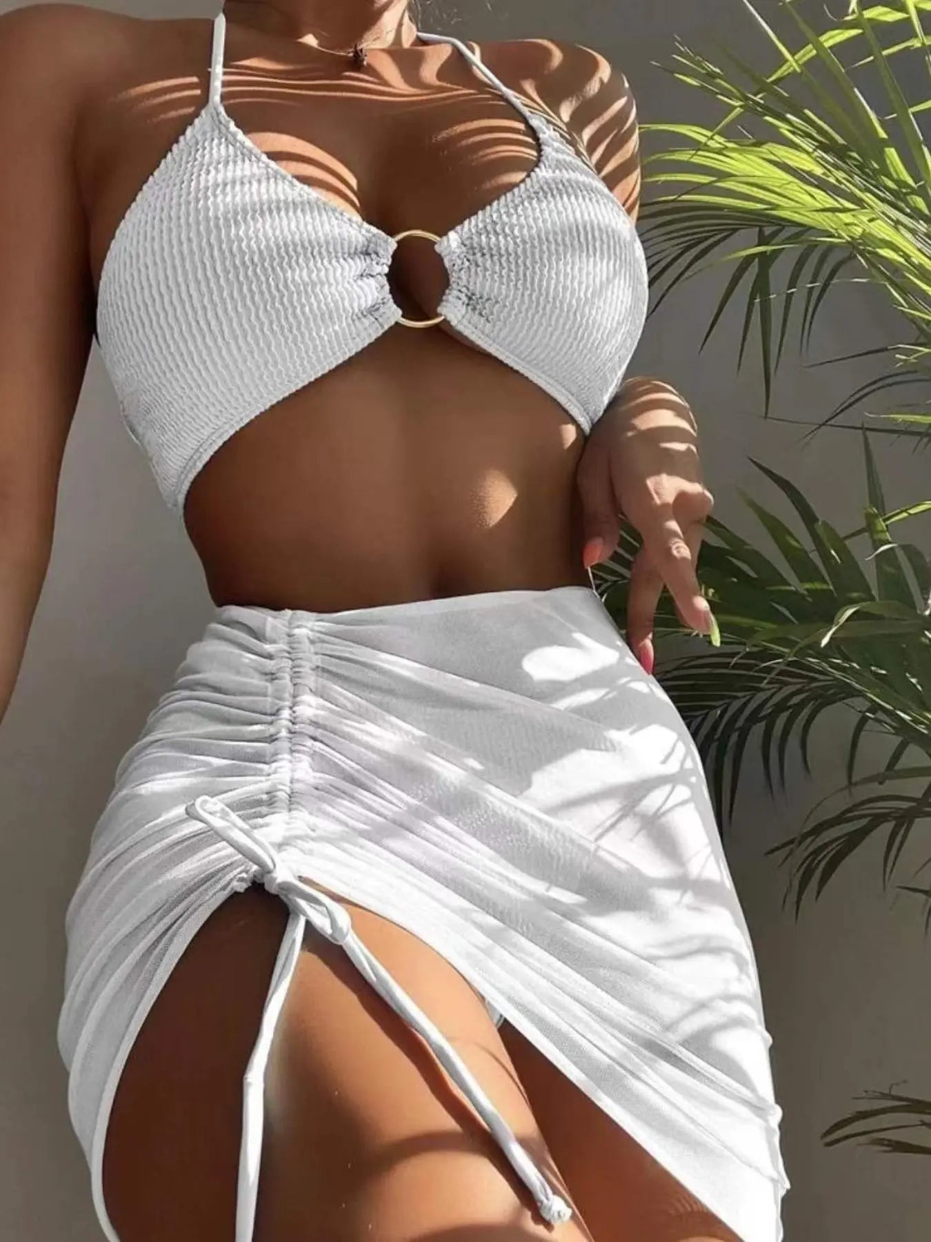 3-Piece Halter Bikini Set with Drawstring Skirt β Trendy Swimsuit