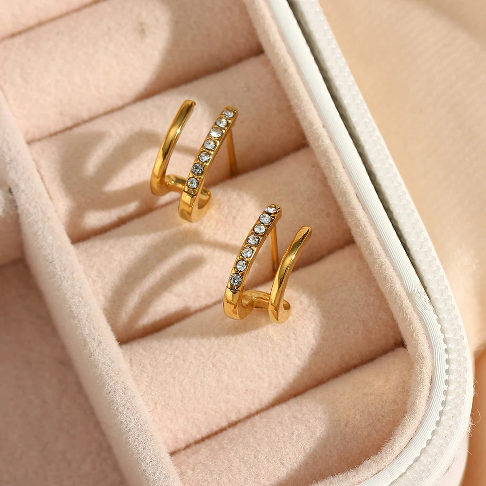Elegant Gold-Plated Crystal Earrings – Double Layer Hollow Studs