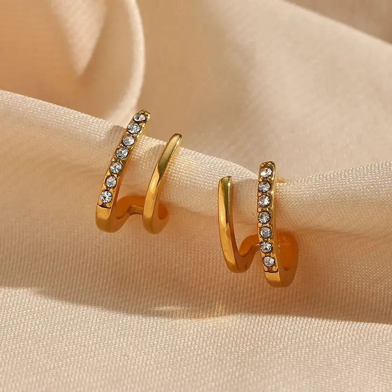 Elegant Gold-Plated Crystal Earrings – Double Layer Hollow Studs