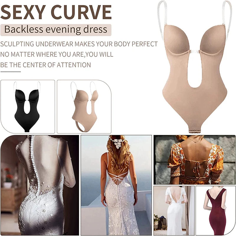 Backless U-Plunge Invisible Shaper Bodysuit – Push-Up, Waist Slimming & Seamless Fit