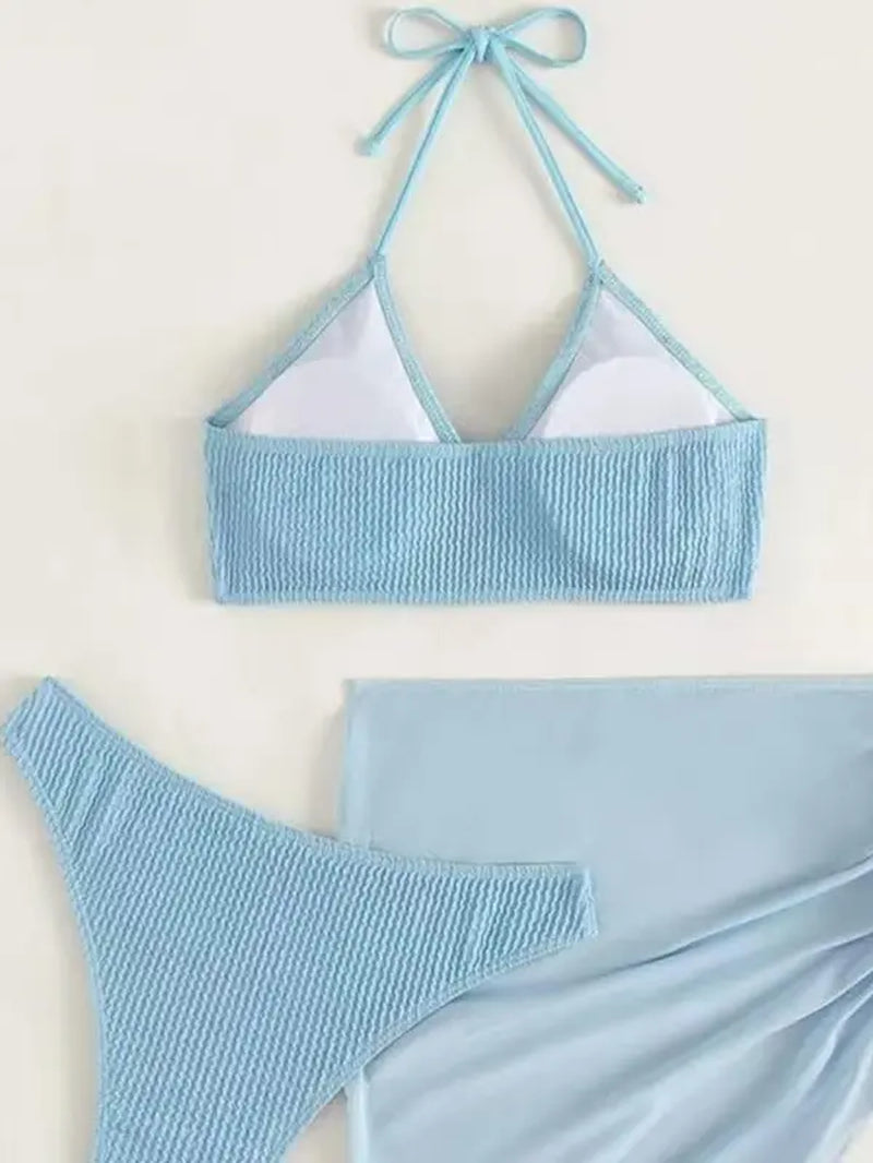 3-Piece Halter Bikini Set with Drawstring Skirt β Trendy Swimsuit