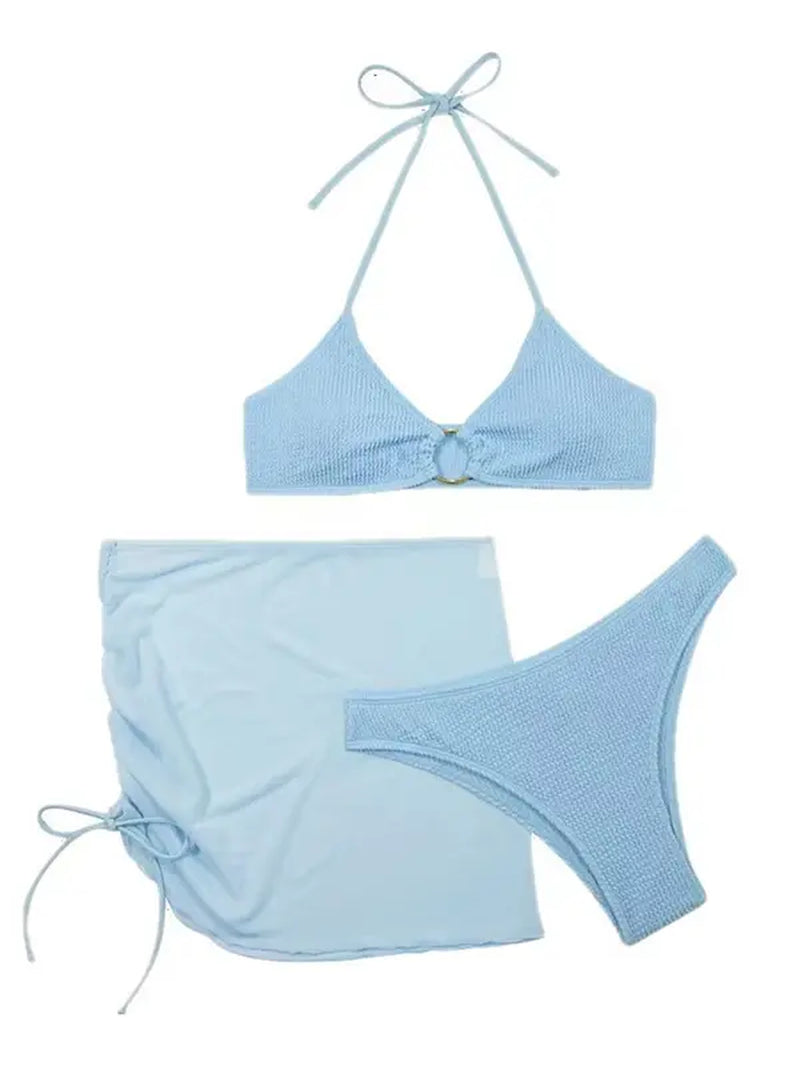 3-Piece Halter Bikini Set with Drawstring Skirt β Trendy Swimsuit