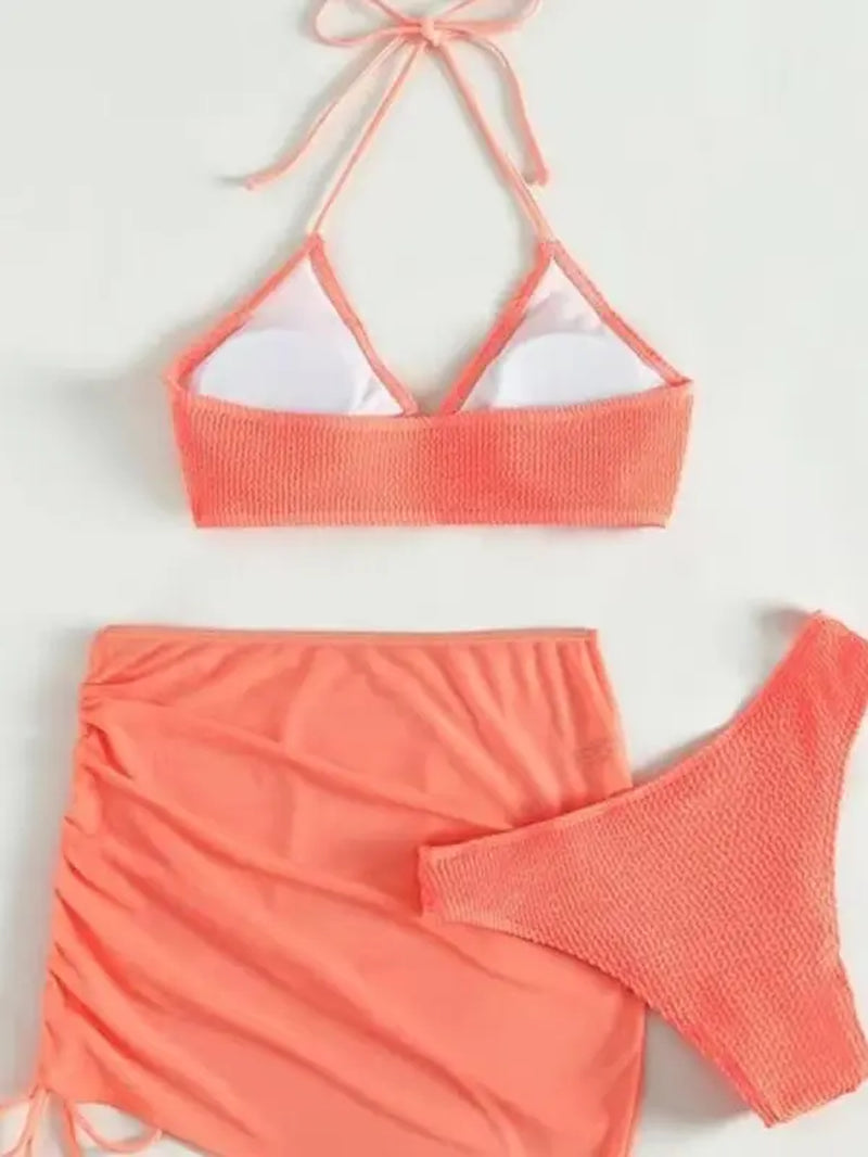 3-Piece Halter Bikini Set with Drawstring Skirt β Trendy Swimsuit