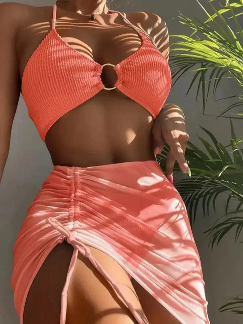 3-Piece Halter Bikini Set with Drawstring Skirt β Trendy Swimsuit