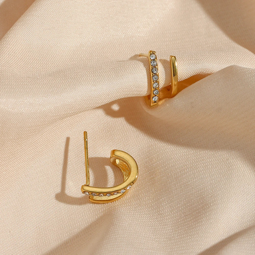 Elegant Gold-Plated Crystal Earrings – Double Layer Hollow Studs