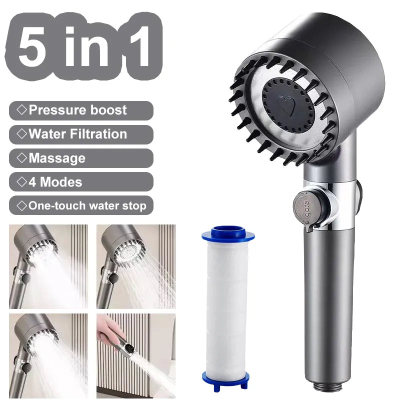 4-Mode High-Pressure Filtered Showerhead | Water-Saving & Massage