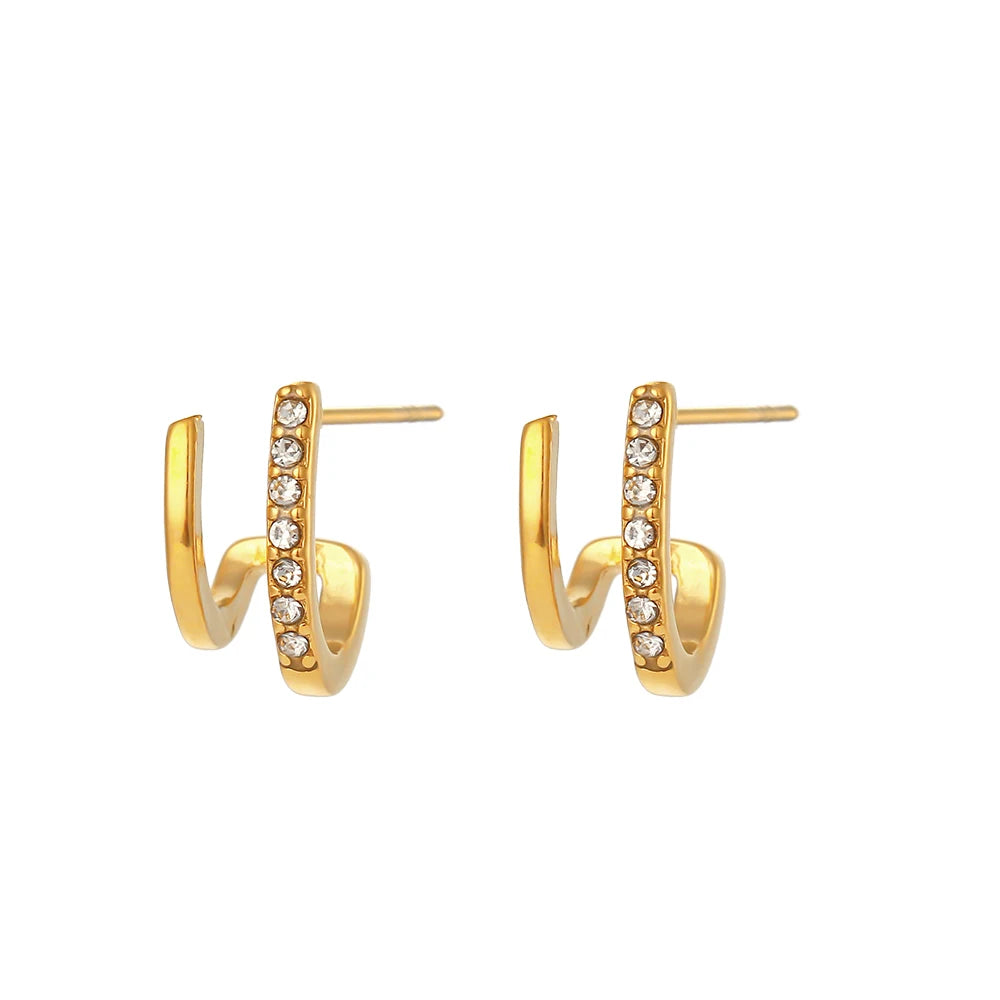 Elegant Gold-Plated Crystal Earrings – Double Layer Hollow Studs