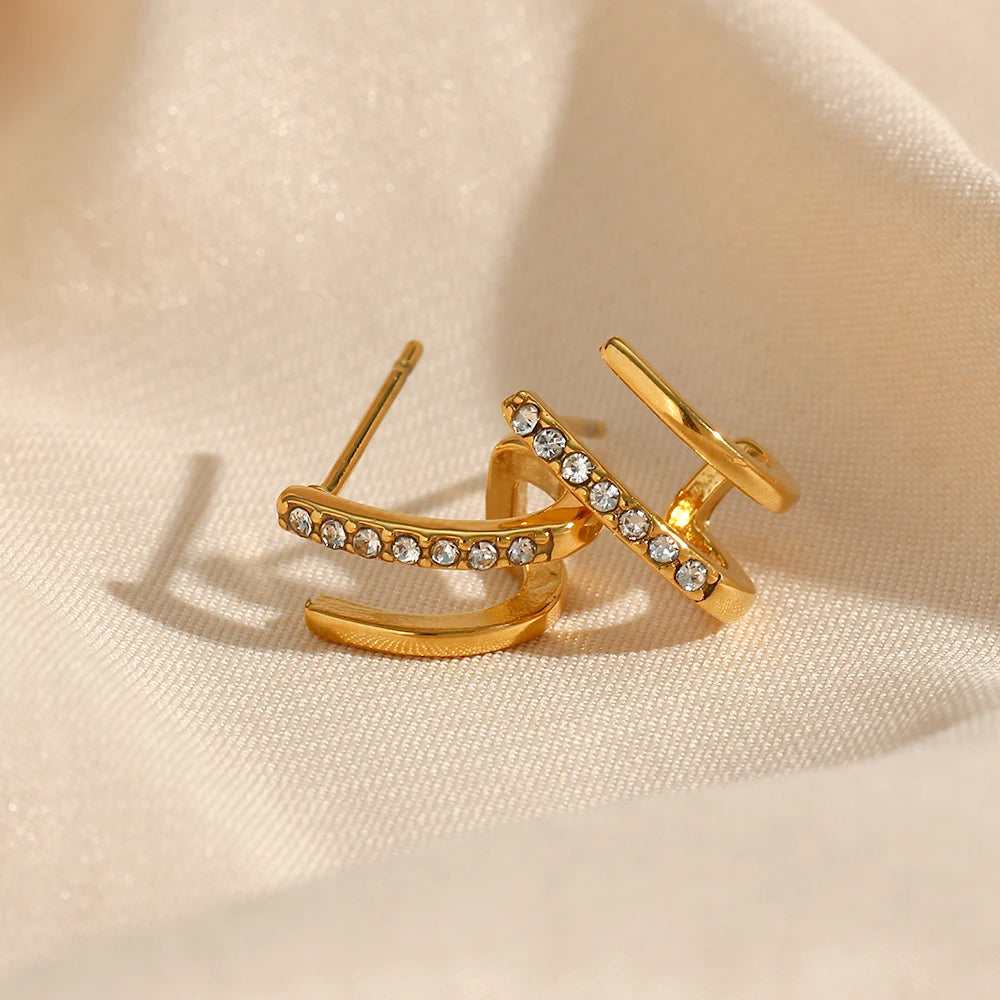 Elegant Gold-Plated Crystal Earrings – Double Layer Hollow Studs