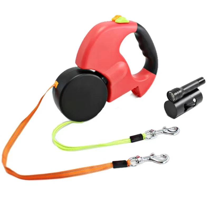 "LED Retractable Dog Leash – Dual Head, Built-In Bag Holder, All-in-One Pet Solution!