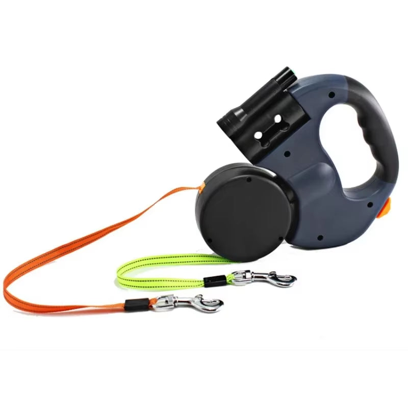 "LED Retractable Dog Leash – Dual Head, Built-In Bag Holder, All-in-One Pet Solution!