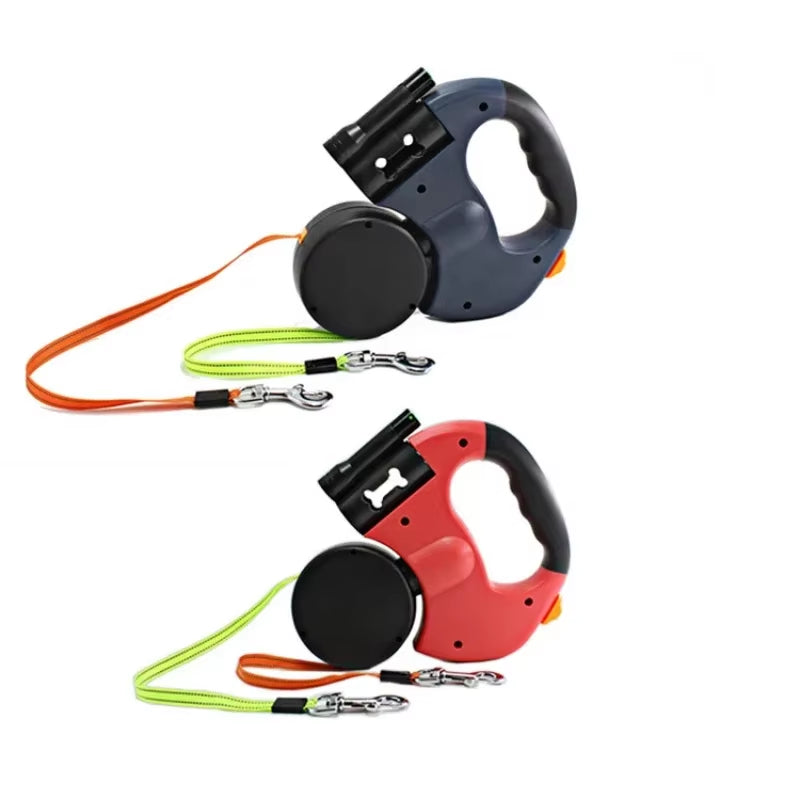 "LED Retractable Dog Leash – Dual Head, Built-In Bag Holder, All-in-One Pet Solution!