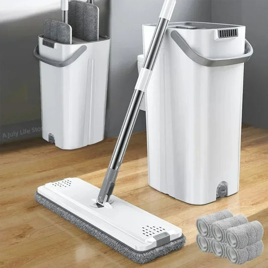 Professional title: "Floor Magic Flat Squeeze Mop with Bucket - Hands-Free Cleaning System with Microfiber Pad, 360° Rotation, and Self-Wringing Mechanism"