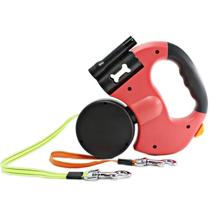 "LED Retractable Dog Leash – Dual Head, Built-In Bag Holder, All-in-One Pet Solution!