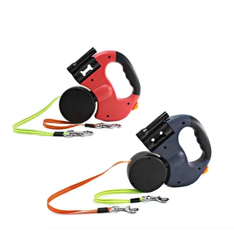 "LED Retractable Dog Leash – Dual Head, Built-In Bag Holder, All-in-One Pet Solution!